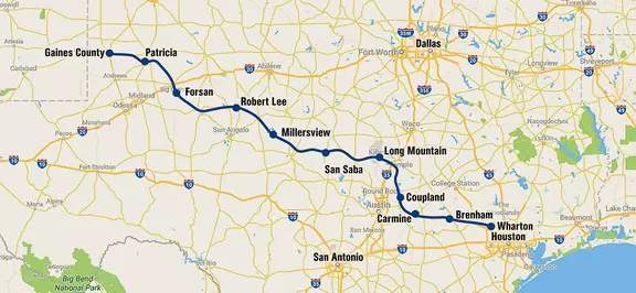 A map of a pipeline route across Texas, starting in Gaines County and ending in Houston. The route is marked with blue dots at key locations like Patricia, Forsan, Robert Lee, Millersview, San Saba, Long Mountain, Coupland, Carmine, Brenham, and Wharton.